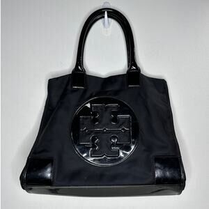 Tory Burch Black Canvas & Patent Leather Tote Bag 11 x 17